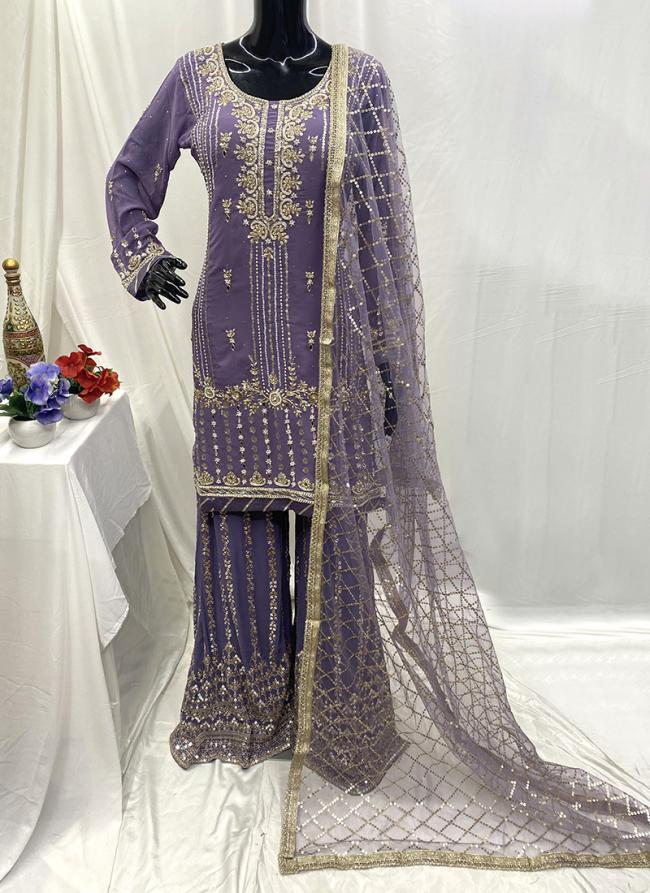 Georgette Purple Wedding Wear Hand Work Readymade Sharara Suit